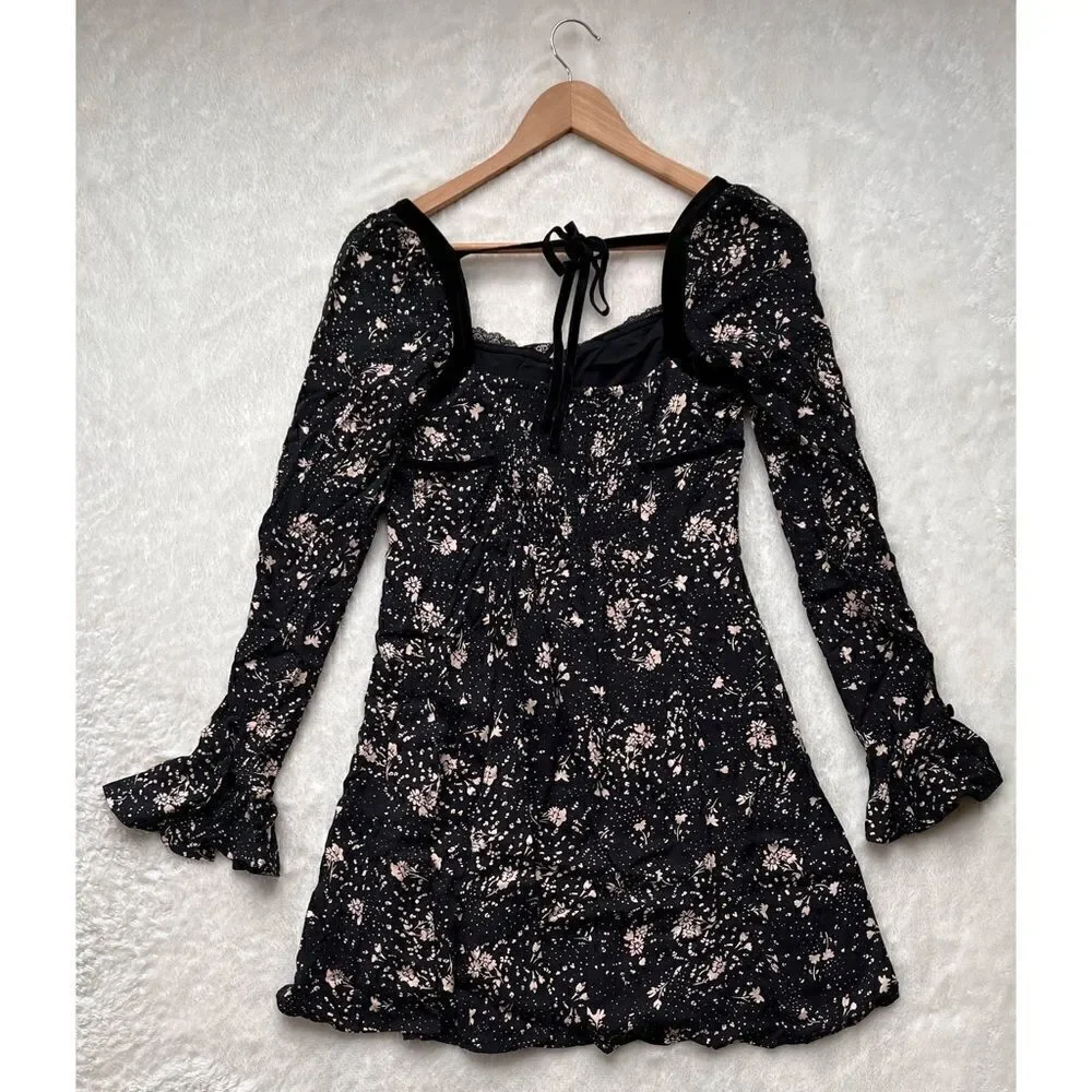 NWT Free People Tess Floral Print Long Sleeve Mini Dress in Black Combo, Size XS